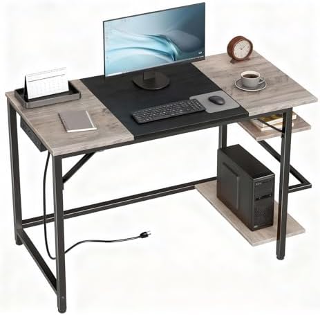 HOOBRO Small Computer Desk, 35.4 Inch Home Office Desk with Power Outlet, Writing Desk with 2 Shelves, Modern Small Desk for Home Office, Study, Easy to Assemble, Charcoal Gray and Black BG43UDN01 by HOOBRO