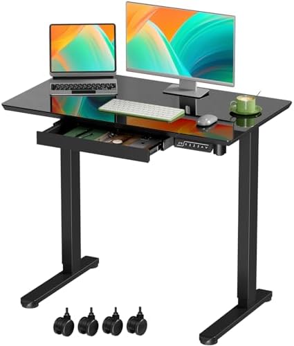 Gibbon Mounts 35” Black Glass Standing Desk Height Adjustable with Drawer by GIBBONMOUNTS