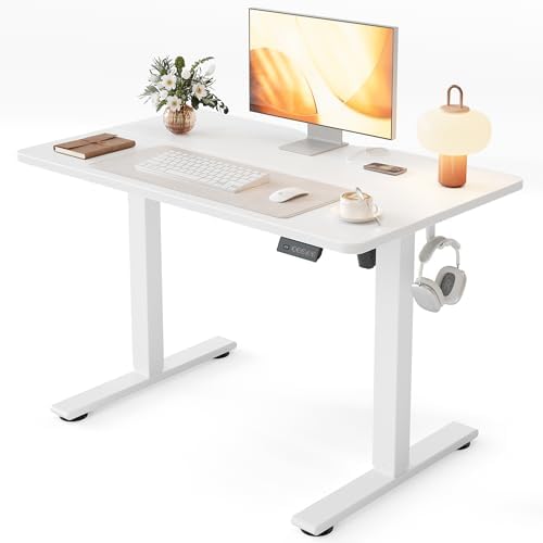 Cubiker Standing Desk, 40x24 Inches Sit Stand Home Office Desk, Electric Stand up Desk, Adjustable Desk with Splice Board, White Frame/White Top by CubikerHomeOfficeFurniture