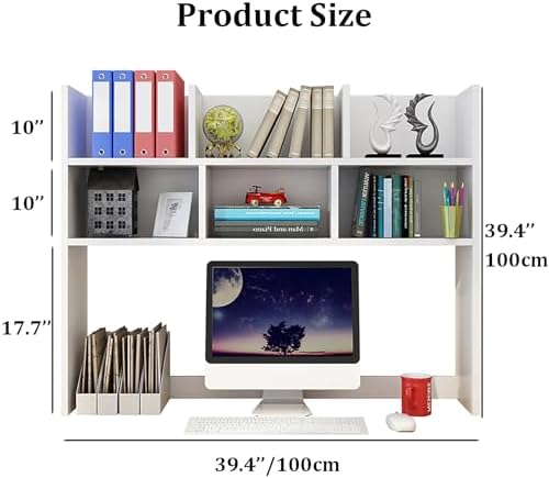 Wooden Desktop Bookshelf, Countertop Hutch Bookshelf, Comupter Desk Hutch Organizer with Shelves, Freestanding Bookcase for Home Office Dorm Room(39.3'', White) - Image 2
