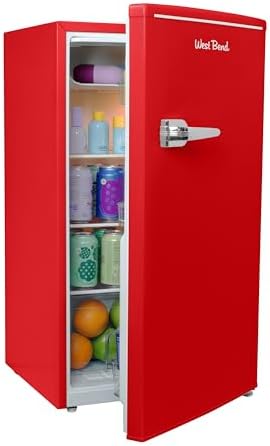 West Bend Mini Fridge for Bedroom, Office, Bar or College Dorm Room, Retro Compact Refrigerator features single door, removable glass shelves and adjustable temperature control, 3.0-Cu.Ft., Red by WestBend