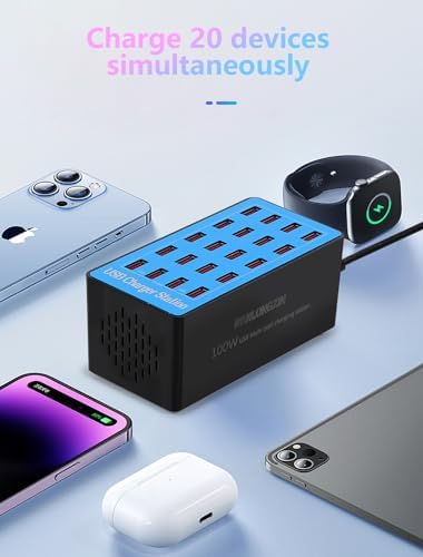 USB Charging Station,100W 20-Port Multi Smart Safety Fast Charger Station for Phone Tablet Watch Headphone PS, Compact Desktop Charger Home Office Travel - Image 2