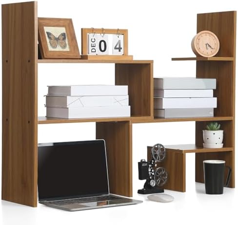 Briwooody Expandable Dorm Desk Hutch Adjustable Desktop Bookshelf,Brown by Briwooody