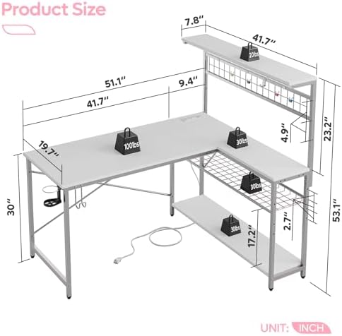 Bestier 51" L Gaming Desk with Power Outlets LED Lights, Carbon Fiber White - Image 2