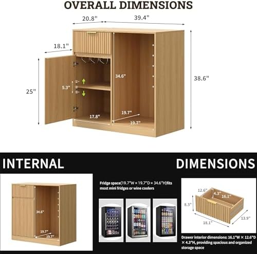 Mini Fridge Cabinet with Power Outlet, Coffee Bar Cabinet with Fridge Space & Wine Glass Rack, Fluted Buffet Sideboard with Drawer & Adjustable Shelf, Home Bar Cabinet for Living, Dining Room Kitchen - Image 2
