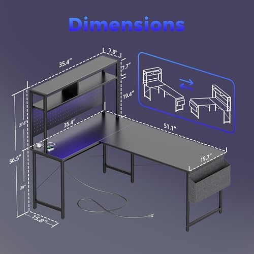 Mericonia 51 in L Shaped Desk with Pegboard, Reversible Corner Gaming Desk - Image 2