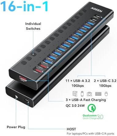 Powered USB Hub, AGEEN 16-Port USB 3.2 Hub (14 USB-A+2 USB-C), 10Gbps - Image 2