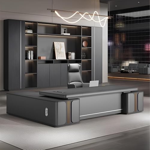 Executive Office Desk with Storage Cabinet,Modern l Shaped Executive Desk,50MM Thick Desktop for CEO Office, Reception & Commercial Workspace by Unknown