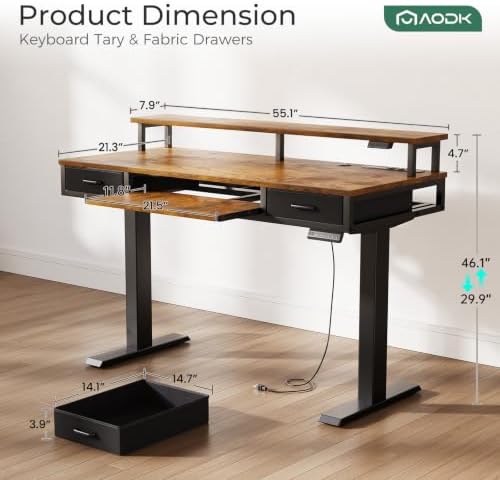 AODK 55 Inch Standing Desk with Drawers & Keyboard Tray, Rustic Brown - Image 3