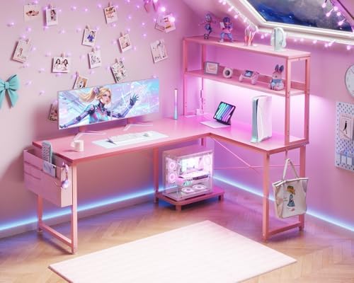 ODK 53" L Shaped Gaming Desk with Shelves, LED & Outlets, Pink - Image 2