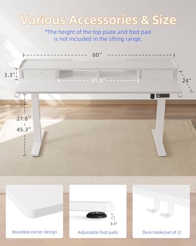 YIHAYO Electric Standing Desk with Drawers, 60 x 24 Inches Adjustable Desk with Storage Shelf, Computer Table with Splice Board for Home Office,White Frame/White Top - Image 3