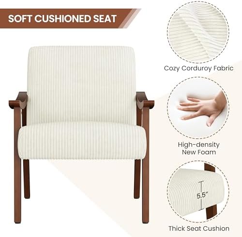 Yaheetech Accent Chairs, Mid-Century Corduroy Fabric Armchairs, Beige - Image 5