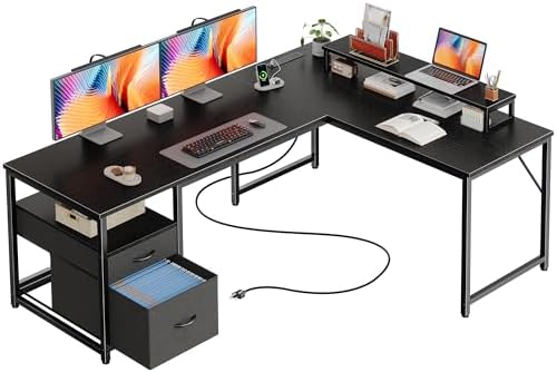 PRAISUN 55 Inch L Shaped Desk with Power Outlets and USB-C Port, Computer Corner Home Office Desk with File Fabric Drawers and Movable Monitor Stand, Larger Storage for Gaming, Work, Black by PRAISUN