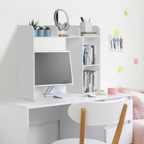 Desk Hutch Dorm White, 3-Tire Wood Desk Shelf Storage Organizer for Office Home - Image 7