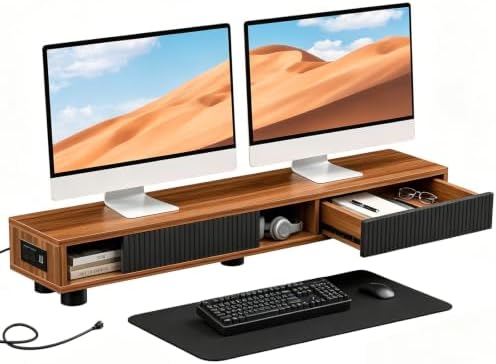 Artswish Dual Monitor Stand with Power Outlet, 42" Walnut Monitor Riser by Artswish