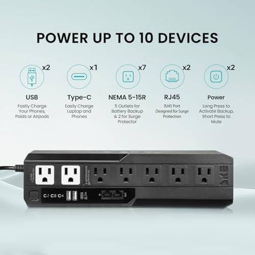 SKE VL425 425VA/240W UPS Battery Backup and Surge Protector - Uninterruptible Power Supply with AVR, 7 Outlets, USB and Type-C Charging, RJ45 Port for Computer, Router, Modem, and Home Office Devices - Image 2