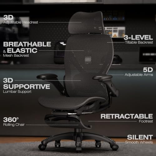 ELABEST X100 Ergonomic Mesh Office Chair with Footrest, Big and Tall Home Desk Chair with 5D Flip-Up Arms, Adjustable 3D Lumbar Support, Gaming & Executive Computer Chair (Night Reaper) - Image 3