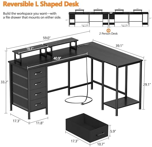 Korfile 59 inch L Shaped Computer Desk with Power Outlets, Black - Image 3