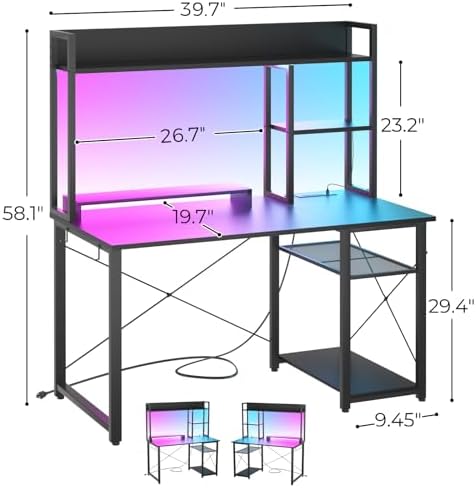 Cyclysio Gaming Desk with Hutch, 39'' Computer Desk with LED Lights & Power Outlets, Home Office Desk with Reversible 5 Tiers Storage Shelves & Monitor Stand, Small Gaming Table for Small Space, Black - Image 2