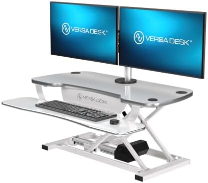 VERSADESK PowerPro 36 Inch Electric Standing Desk Converter – Push-Button Height Adjustable Sit to Stand Desk Riser for Dual Monitors & Laptop – Motorized Desktop Workstation with Wide Keyboard Tray by VERSADESK