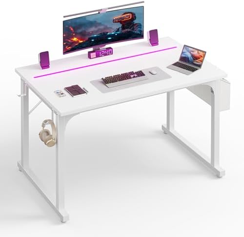 DurayLoly 40" Gaming Desk with Waterproof LED Lights for Bedroom,White by Durayloly