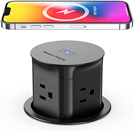 Jgstkcity Pop Up Outlet with 15W Wireless Charger,4 Outlets 15A, Splash Resistant,3 inch Desk Hole Power Grommet,Space Saver Outlet for Kitchen Countertop,Office Conference Table,ETL Listed (Black) by Jgstkcity