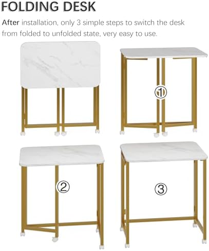 4NM 23.6" Mobile Small Rolling Computer Desk, Folding Laptop Cart Table with Wheels, Portable Office Desk for Small Space Couch Bed - White and Golden - Image 6