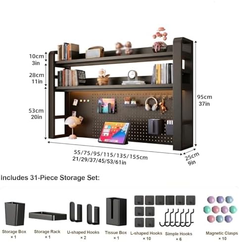 2/3/4 Tier Desk Hutch, Freestanding Desktop Bookshelf, Metal Desk Shelf with Pegboard, Desk Shelves for Top, for Dorm Office and Home(Black+Black,29 * 9 * 37in) - Image 2