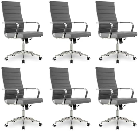 Okeysen Office Desk Chair, Ergonomic Leather Modern Conference Room Chairs, Executive Ribbed Height Adjustable Swivel Rolling Chair for Home Office Set of 6. (Grey) by Lepdep