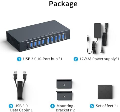 10 Port Powered USB 3.0 Hub, Industrial Rack Mountable USB Data Hub with 12V/3A Adapter 105W Output ESD Protection, Rugged Metal Case USB Expander Splitter - Image 6