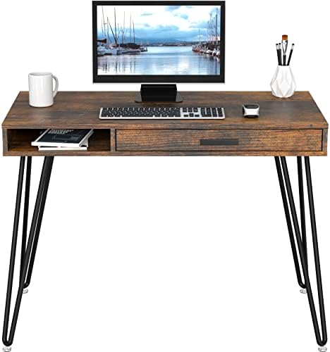 SHW Home Office Computer Hairpin Leg Desk with Drawer, Rustic Brown - Image 4