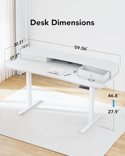 HUANUO 60″ x 30″ Electric Standing Desk with 2 Drawers, C-Clamp Mount Compatible, Height Adjustable Computer Desk, Home Office Stand Up Desk with 4 Preset Heights & 2 Hooks, White - Image 3