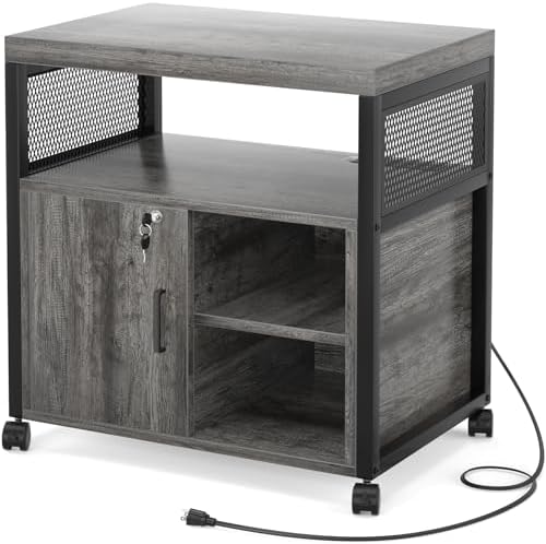Unikito Rolling File Cabinet Lateral Office Filing Cabinets with Socket and USB Charging Port, Modern Printer Stand on Wheels Printer Cabinet with Door and Open Storage, Lockable, Black Oak - Image 7