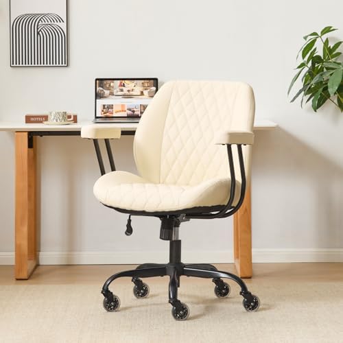 YFO Home Office Desk Chair Office Rubber Casters Ergonomic Computer Chair with Lumbar Support Adjustable Height Rolling Swivel Executive Task Armrests Chair， Cream Leather by YFO