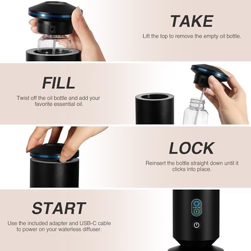 Waterless Scent Diffuser Starter Kit - 1500 Sq Ft Coverage, Scent Diffuser for Home, Hotel, Studio, Essential Oil Diffuser Large Room, 7 Mood Lights Setting, 5 Essential Oils Included, Black, 11.50In - Image 6
