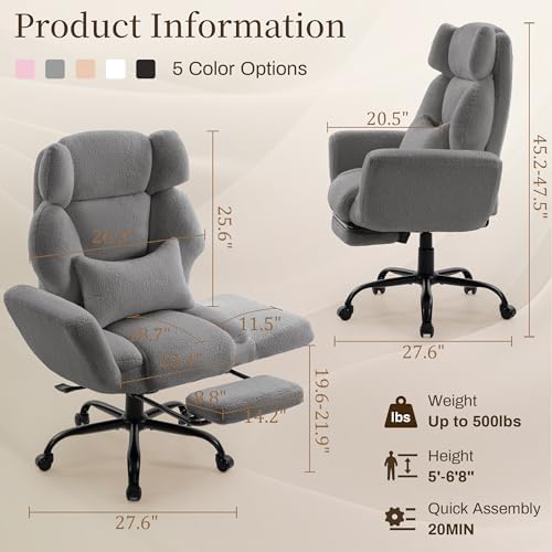 Office Chair with Flip Armrests,Comfy Criss Cross Chair for Pets Sitting,Big and Tall Office Chair with Foot Rest,Extra Wide Seat & Lumbar Pillow,Ergonomic Computer Gaming Chair,Teddy Fleece,Grey - Image 2
