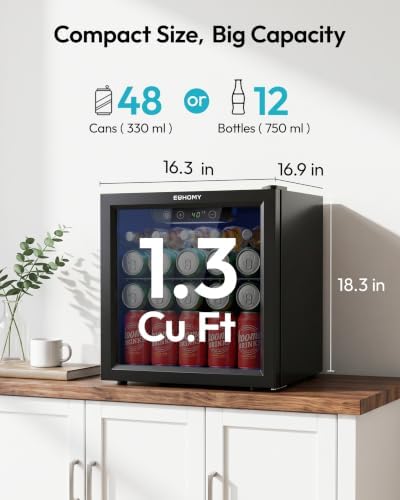EUHOMY 48 Can Mini Fridge, 1.3 Cu.ft Beverage Refrigerator with Glass Door - Image 2