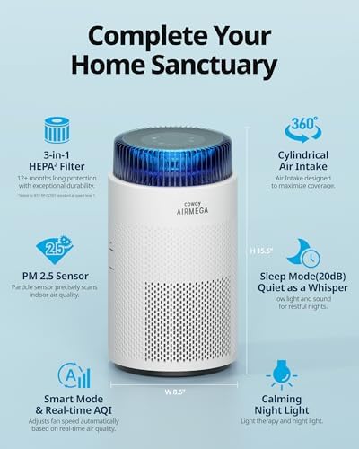 COWAY Air Purifiers for Home up to 810 ft², HEPA and Carbon Filter for Smoke, Allergies, Pet Dander, Odor, AQI Monitor, Auto Mode, Timer, Filter Indicator, Night Light, 2yr Warranty, Airmega 100 White - Image 2
