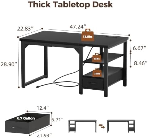 Mericonia 48" Computer Desk with Drawer, 1.2" Thick Reversible Office Desk - Image 3