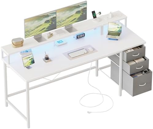Mericonia 63 inch Computer Desk with Drawers, Reversible Gaming Desk, White by MERICONIA