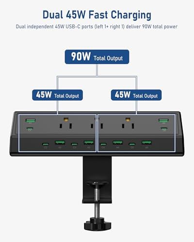 Jgstkcity 90W Desk Clamp Power Strip,12 USB Ports (6 PD 45W USB-C),Surge Protector,ETL Listed Power Hub Extension Cord,Fast Charging Station for Home Office Desk Edge Mount (Black,12 USB-90W) - Image 6