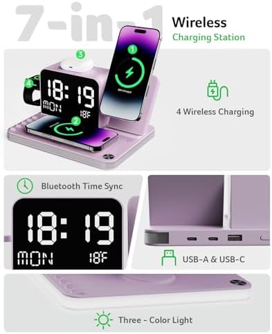 Acer 7-in-1 Wireless Charging Station with LED Clock - 30W Fast Wireless Charger for iPhone 16/15/14/13/12/Pro Max, Apple Watch, AirPods - Bluetooth Auto Time Sync & Night Lights (Purple) - Image 2