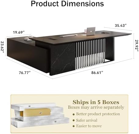 86.6” Luxury Executive Desk, L Shaped Office Desk with Storage & Wireless Charging, Marble Texture Modern CEO Desk with 304 Stainless Steel Grille, for CEO Office & Designer Home Office (Right) - Image 2