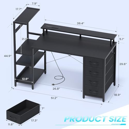 51in Gaming Computer Desk with Drawers & Power Outlet & LED Lights, Black - Image 3