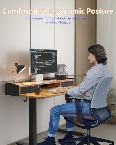 YIHAYO Electric Standing Desk with Drawers, 48 x 24 Inches Adjustable Desk with Storage Shelf, Stand Up Desk with Splice Board, Computer Table for Home Office, Black Frame/Rustic Brown Top - Image 6