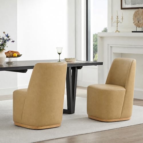 CHITA Rolling Dining Chair on Casters Set of 4, Faux Leather in Tan - Image 5