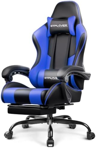 GTPLAYER Gaming Chair, Computer Chair with Footrest and Lumbar Support, Height Adjustable Game Chair with 360°-Swivel Seat and Headrest and for Office or Gaming (Faux Leather, Blue) by GTPLAYER