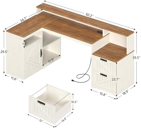 63" Farmhouse L Shaped Desk with Drawers and Printer Stand for Home Office - Image 2