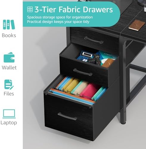 Lufeiya Computer Desk with Fabric File Drawers Cabinet, 55 Inch Reversible Home Office Desks with Filing Cabinet, Study Writing Table PC Desks with Storage for Bedroom, Black - Image 5