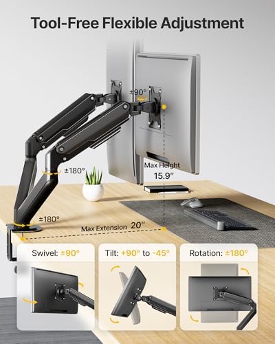 monTEK Dual Monitor Arm Stand, 17–32", Full Motion Adjustment,20 lbs Each - Image 3